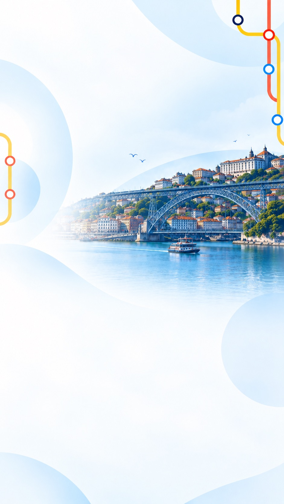 Ilustração da ponte D. Luís I sobre o Douro, com o Porto ao fundo